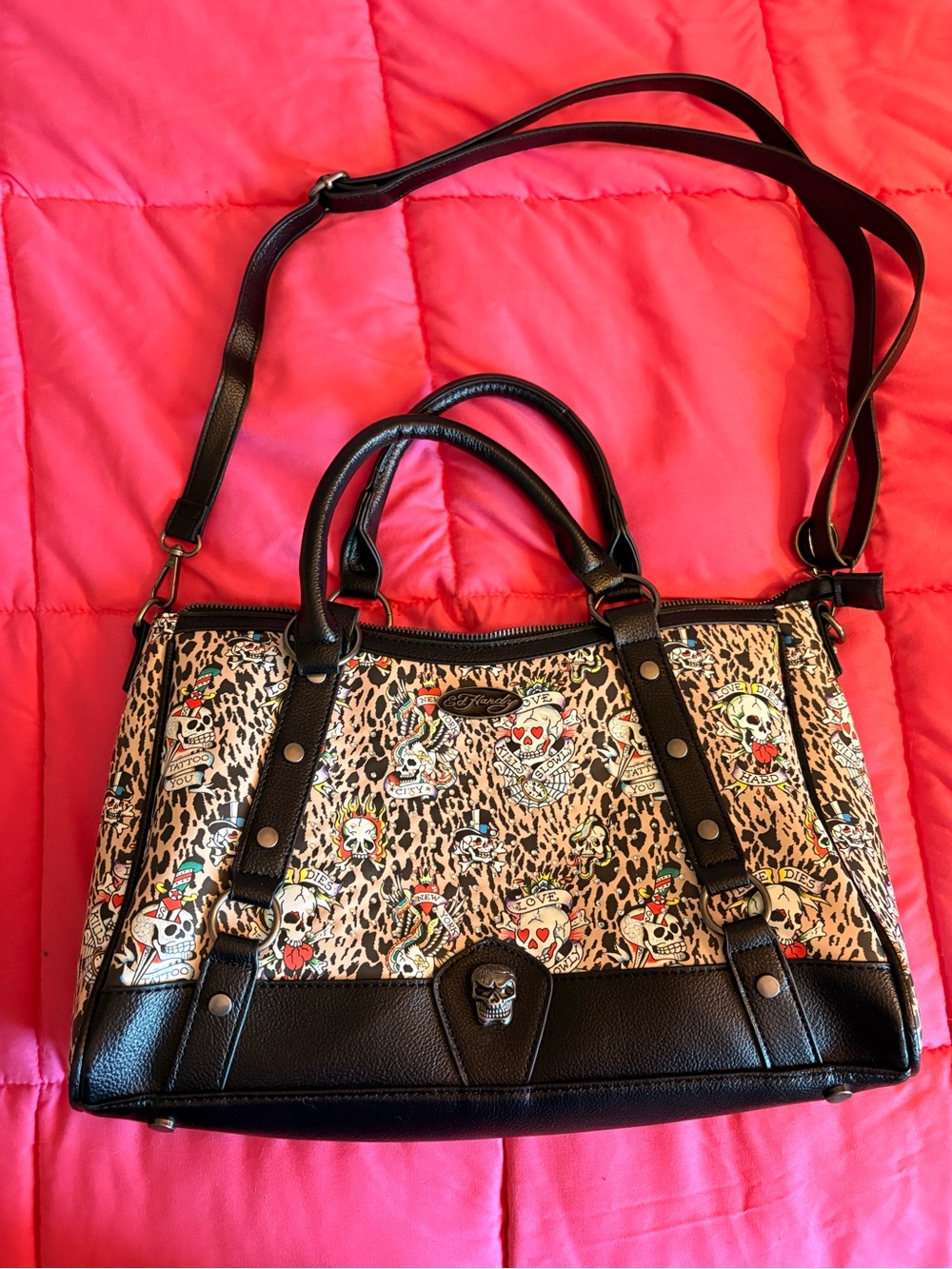 Ed Hardy Leopard Skull Satchel in Pink and Black